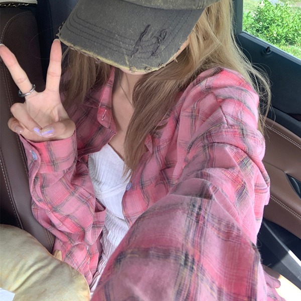 [데일리/캐주얼] 로레인 핑크 체크 남방 셔츠
